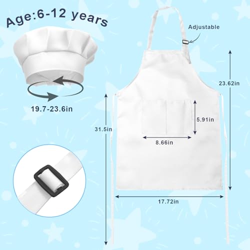 IAGBIBUI Kids Apron and Chef Hat Set, 24 Pieces Boys Girls Kids Apron with 2 Pockets Adjustable for Cooking Classroom Baking Painting, 6-13 Years, White by IAGBIBUI - Image 2