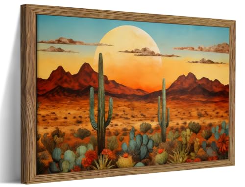 Framed Western Desert Sunset Cactus Wall Art,Vintage Southwest Nature Landscape Pictures Wall Decor,Rustic Paintings Canvas Prints Boho Mexican Oil Painting Home Decor for Bedroom Living Room Entryway 12x16 Inch Ready to Hang