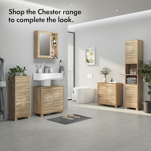 VonHaus Under Sink Bathroom Cabinet - Oak Wood Effect Under Sink Storage with Handleless Design - Freestanding Below Basin Cabinet with 2 Internal Shelves - Basin Cupboard for Bathroom - Chester - Image 5