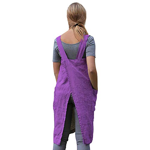Women's Pinafore Square Apron Baking Cooking Gardening Works Cross Back Cotton/Linen Blend Dress With 2 Pockets Purple-2Xl #TOP4