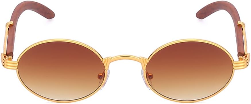 Junsika Retro Oval Sunglasses for Men Women Classic Vintage Imitation Wood Small Round Black Sunglasses - Image 2