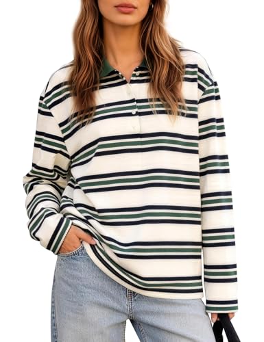 Flygo Womens Rugby Striped Polo Shirts Vintage Long Sleeve V Neck Preppy Pullover Top Y2K Lapel Collar Button Sweatshirts Tee Green M