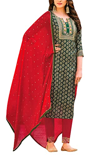 Ladyline Damen-Anzug mit Viskose-Druck, bestickt, Salwar Kameez, Anzug Kurti mit Hose, flaschengrün, 36 Cover