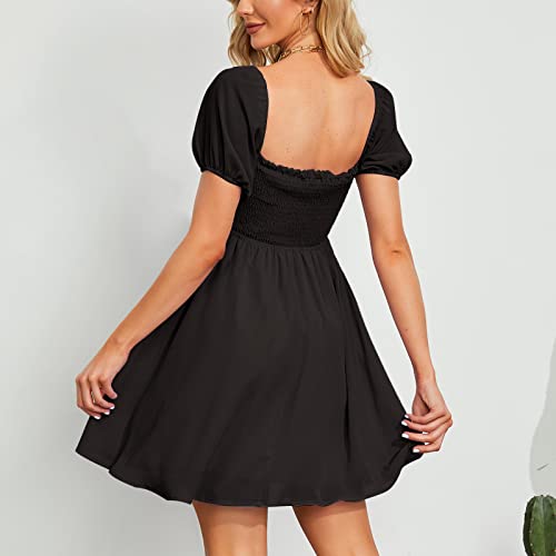 Byinns Women's Sweetheart Neckline Dress Smocked Sundress Puff Short Sleeve Drawstring Dresses Black #TOP1