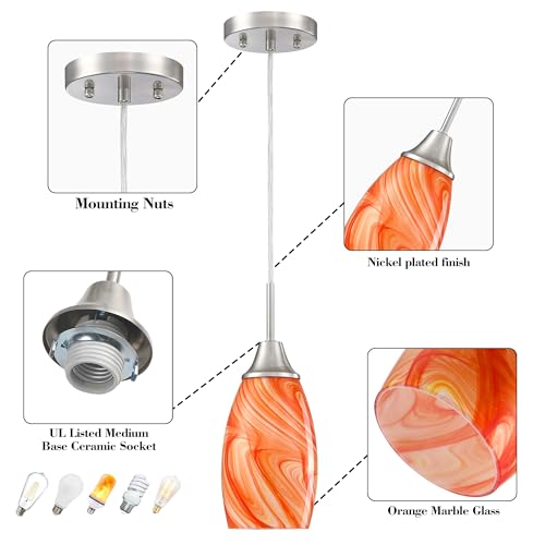 Image of Viinew Mini Glass Pendant Light,3-Pack Orange Marble Glass Hanging Light
