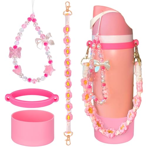 Mity rain Water Bottle Accessories Set for Owala, Including Water Bottle Handle Strap,Bohemian Style Personality and Easy to Carry (24OZ, Pink)