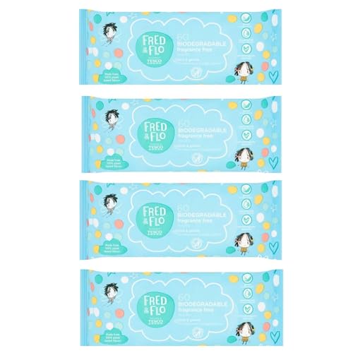 240 Fred & Flo Kind & Gentle Fragrance Free Wipes Biodegradable (4pack x 60wipes each =240wipes) Toilet Training for babies soft skin gentle delicate skin Made from 100% Plant based fibres