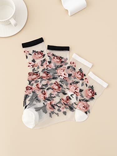 Verdusa Women's 2 Pairs Floral Mesh Sheer Socks Floral Black And White One-Size #TOP2