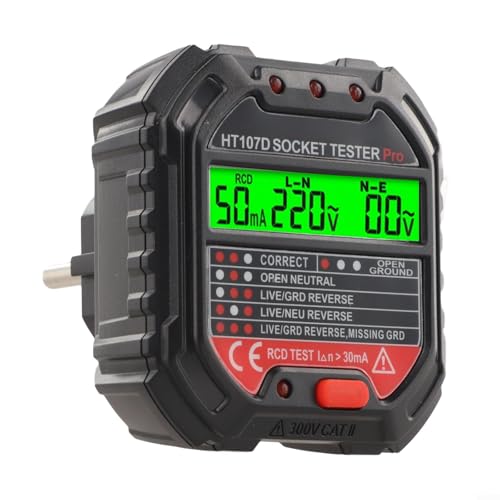 Hosrivae Socket Tester with RCD , Electrical Outlet Tester with LCD Display UK 3-Wire Sockets, Voltage Detector with LED Indicators, CAT II 300V Safety Tool