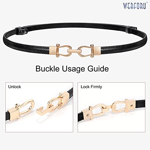 Werforu Women Skinny Belt For Dress,Thin Waist Belt - Adjustable Leather Belt With Gold Buckle, Black, Fit Waist Size Below 37 Inches #TOP3