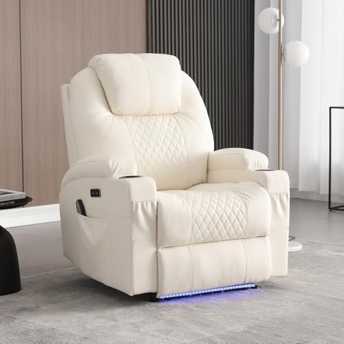 IBTKIG Power Recliner Chair with Heat and Massage, PU Leather Home Theater Seating with LED Lights/Cup Holders/Side Pocket/USB Port, Reclining Sofa Chair for Living Room (1, Beige)