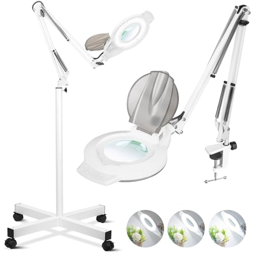 10X Magnifying Glass with Light and Stand NUEYiO 2200 Lumen Stepless Dimmable Magnifying Floor Lamp 2-in-1 Adjustable Metal Swing Arm Lighted Magnifier Mag Lamp for Estheticians Crafts Facial
