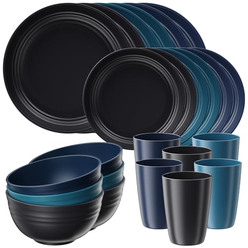 Image of Quatish 24 Pcs Plates and Bowls Sets, Plastic Dinnerware Sets for 6, Blue