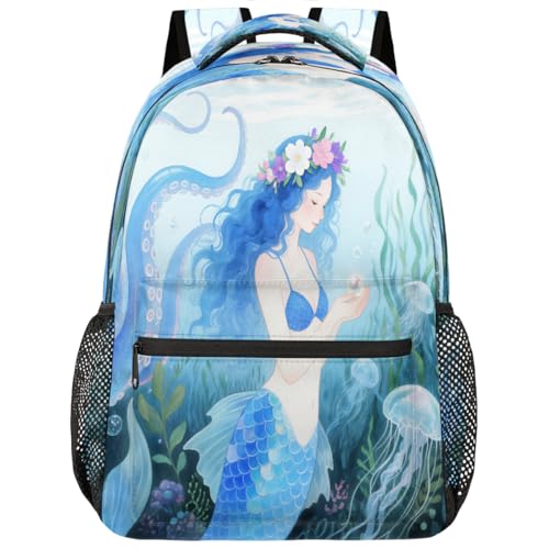 Mochila de viaje para universidad y escuela secundaria con diseño de pulpo y sirena