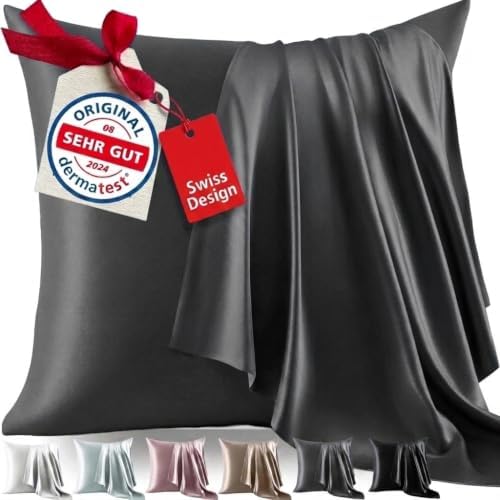 Welldora Kissenbezug 80x80 | 100% Seide 22 Momme | Bettwäsche Schiefergrau | Luxuriöser Seidenkissenbezug aus Maulbeerseide | Höchste Güteklasse 6A, sanft zu Haut & Haar | OEKO-TEX