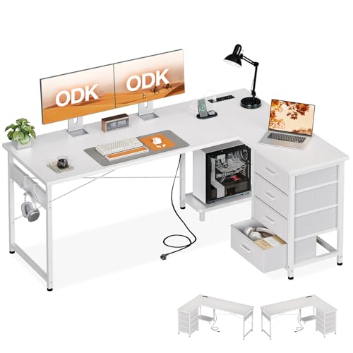 ODK Eckschreibtisch mit 4 Schubladen, 155×110 cm Schreibtisch L Form mit Steckdose und USB-Ladeanschluss, Reversibler Schreibtisch mit Stauraum für Büro Arbeitszimmer Schlafzimmer, Weiß