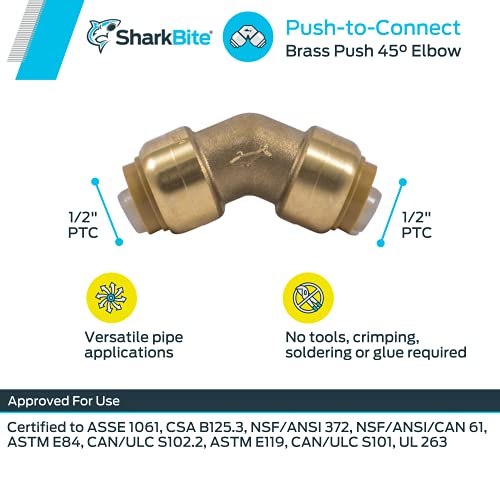 Codo de 45 grados 1/2 push-to-connect Sharkbite U648LFA para servicio de tuberías 4