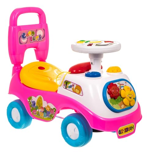 Image of Hillington Kids Ride On Car, Push Along Baby Car with Steering Wheel, Lights, Music & Horn, Under Seat Storage, Safety Backrest & Anti-Tip Stopper, Ride Toys for Toddlers 19-36 Months (Pink)