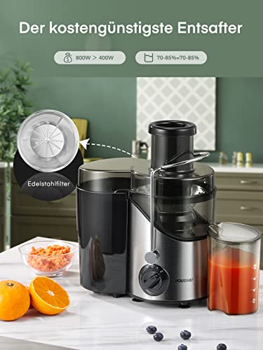 HOUSNAT Entsafter Gemüse und Obst, Max 800W Juicer Machine aus Edelstahl mit 3 Geschwindigkeitsstufen, 65mm Großem Mund Zufuhrschacht Zentrifugal Entsafter, Leicht zu Reinigen, BPA-frei, 400W – Bild 4