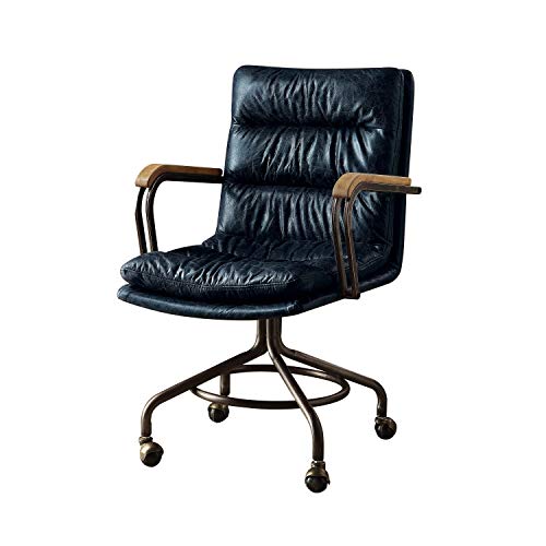 HomeRoots Leather Office Chair in Vintage Blue - Top Grain Leather, Foam, Vintage