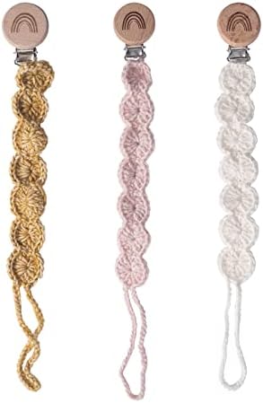 Symbolife Pacifier Clip Macrame Boho Wooden Paci Clip Natural Pacifier Holder Handmade Braided Cotton Unisex Baby Shower Birthday Gift Christmas Gift