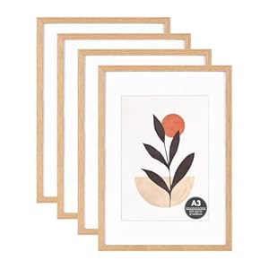 A3 Picture Frame with A4 Mount, Natural Wood Photo Frames with Perspex Front, Wall Hanging in Living Room, Bedroom, Office, Gallery, Set of 4