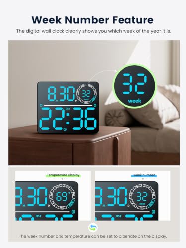 Digital Wall Clock, Digital Clock Large Display with Remote Control, Auto-Dimming Wall Clock with 9 RGB Night Light, Temp & Current Week Number for Seniors, Classroom, Office, Living Room, Bedroom - Image 3