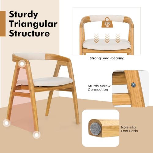 Image of COSTWAY Bamboo Accent Chairs Set of 4 with Wide Curved Backrest and Arms | Natural, Farmhouse Leisure Dining Chairs w /Comfy Cushion, Solid Legs, Upholstered Armchair for Living Room, Bedroom, Kitchen