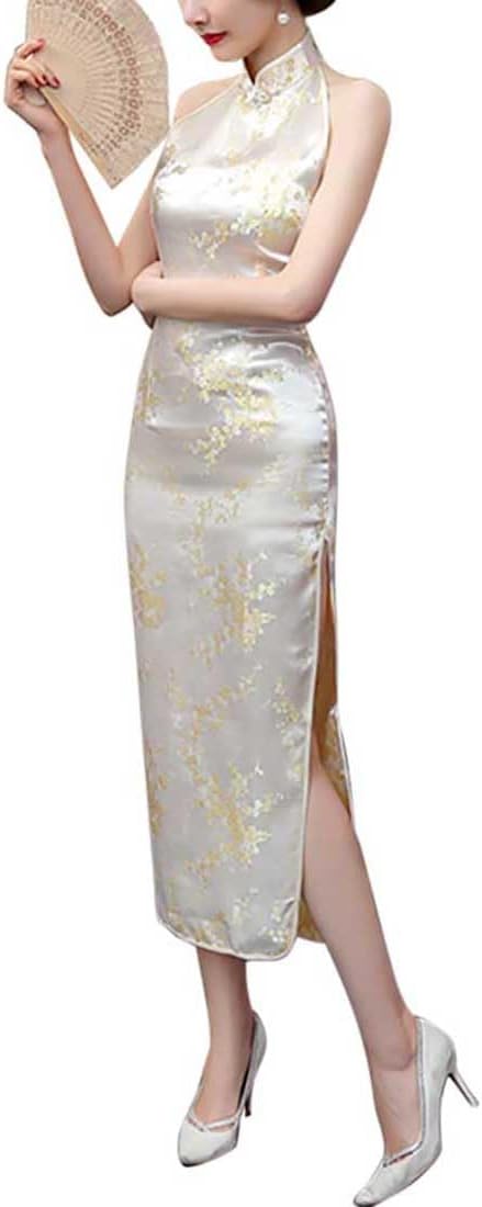 Women's Backless Halterneck Sleeveless Chinese Cheongsam Mandarin Collar Side Split Long Qipao Outfit