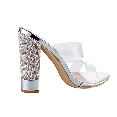 Lala Ikai Women's Heels Mules With Rhinestone Clear Open Toe Transparent Strappy Slip On Sandals Chunky Metal High Heels Shoes For Party Dress #TOP1