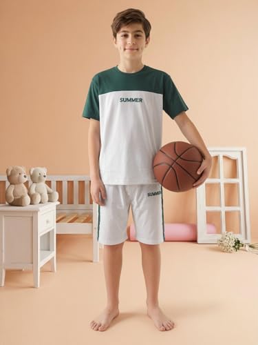 Image of Li'l Tomatoes Boys 100% Cotton Night Suit Set | Half Sleeve T-Shirt & Shorts | Color Block & Typography Print | Soft & Breathable Sleepwear | Casual Summer Wear | 9-16 Years