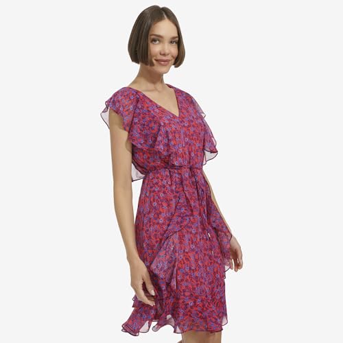 Image of Tommy Hilfiger Women's Sleeveless V-Neck Ruffle Trim Tie Waist Chiffon Mini Dress