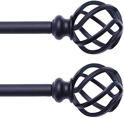 QITERI Curtain Rod Black 2 Pack for windows with Twisting Cage Finials, 3/4" Decorative Single Window Rod 48"-86" with Twisting Cage Finials, Black Drapery Rod of Window Treatment,2 Pack