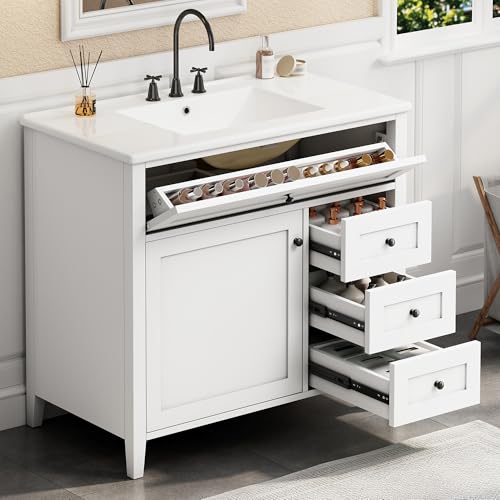 Image of 36 inch Bathroom Vanities with Top Set, Cabinet with Right-Side Multi-Functional Tip-Out Drawer and Adjustable Shelf, Soft-Closing Door, Solid Wood Legs, White