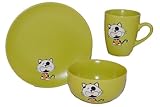 3 tlg. SET : Teller (circa 21 cm Durchmesser), Müslischale ( circa 14 cm Durchmesser ; 7 cm hoch) , Trinktasse mit Griff (circa 10,5 cm hoch) in grün für Kinder mit schönem eingravierten Katzen Motiv
