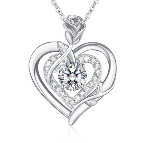 LAVUMO Moissanite Halskette Damen Silber 925 Echt,Moissanite Kette Damen Gold/Rosegold/Silber Doppel Herz Rose Anhänger Weihnachten Valentinstag Geburtstag Schmuck Geschenke für Frauen Freundin Mama