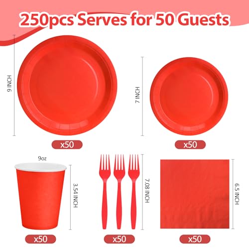 250Pcs Red Paper Plates and Napkins Party Supplies Include 9’’Disposable Red Party Plate, 7’’Dessert Plates Cups Napkins Forks Sets for Birthdays, Weddings, Graduations, Valentines, Serves 50 - Thumbnail 2