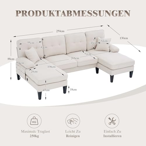 Sofá de 4 plazas en forma de U beige con doble chaise longue y cojines de lino 3