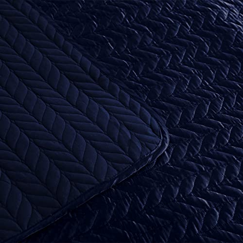 Whale Flotilla 3-Piece Silk Satin Quilt Set King Size, Reversible Lightweight Coverlet Bedspreads Bedding Set With Pillow Shams, Navy #TOP2