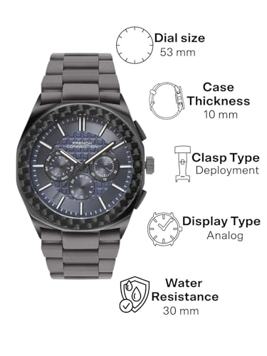 Image of French Connection Textured Blue Round Dial with IP Gun Stainless Steel Metal Strap Multifunction Watch - for Mens FCH27GNM