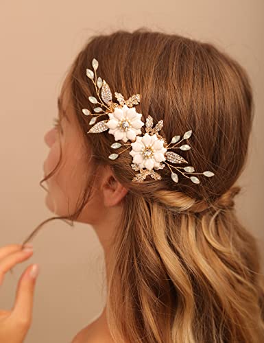 Jumwrit Wedding Hair Clip White Flower Hair Barrette Wedding Rhinestone Leaf Hair Clip Handmade Headpiece Bridal Hair Accessories For Bride And Bridesmaid #TOP2
