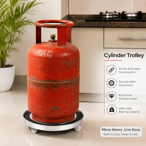 Image of Gas Cylinder Trolley with Wheel | LPG Stainless Steel Cylinder Stand with Rubber Protection for Daiy Kitchen Use | 4 Plastic Wheels Easily Movable Trolley
