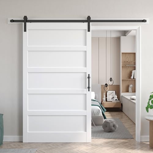 Image of Fredbeck 48x80 inch White Barn Door with 8FT Sliding Barn Door Hardware Kit Included,DIY Assembly,Water-Proof,5-Panel,Fit 45in-47in Opening