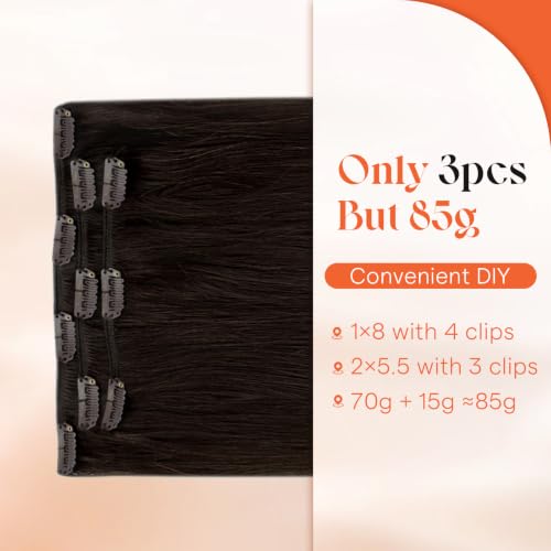 Image of Sunny Hair Clip in Hair Extensions Real Human Hair Dark Brown 22 Inch | Remy Hair for Women Easy Clip-in Natural Looking Hair in Minutes Lightweight and Comfortable All Day for Work 85g