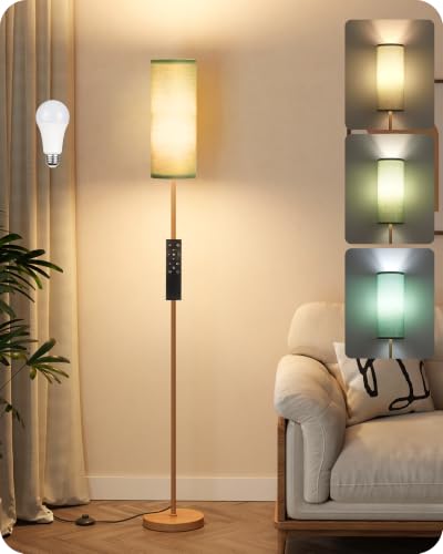 Wooden Textured Tall Slim Floor Lamp for Living Room with Remote and Foot Switch, Dimmable Mood Lamp for Bedroom Nursery, 3 Color Temperatures, 1-Hour Timer, 900LM LED Bulb Included, Green XG06LD05W1