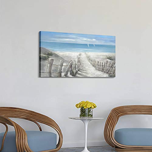 Abstract Beach Path Artwork Picture: Hand Painted Textured Coastal Painting Ocean Canvas Wall Art For Living Room (40” X 20” X 1 Panel) #TOP4