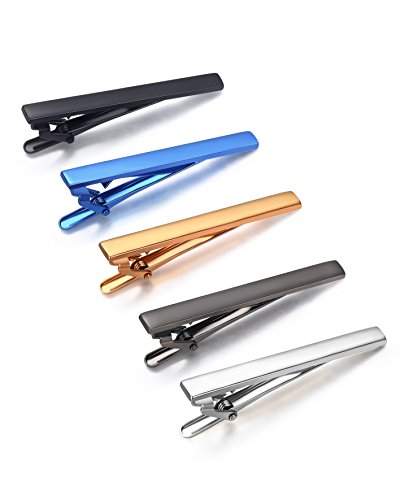 HBY 5 Pc Mens Tie Bar Pinch Clip Set for Regular Ties,Black,Silver,Gold