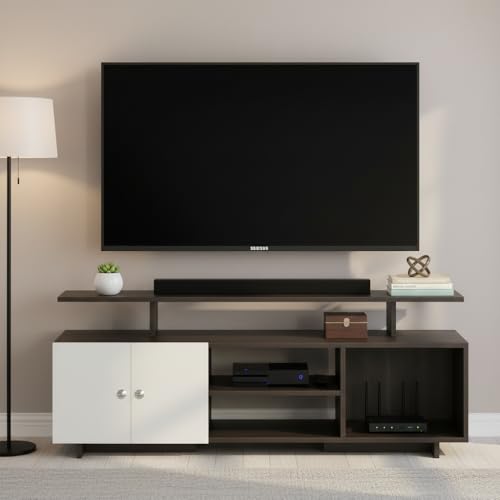 Image of FURNEASER Eskido Engineered Wood TV Entertainment Unit, Floor Standing TV Cabinet with Storage Shelves for Living Room, TV Stand for 32,43,50 & 55 Inch TV (Exotic Teak & White) (Wenge & White)