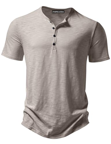 PARKLEES Men's Casual Short Sleeve Henley Shirt Light Grey M