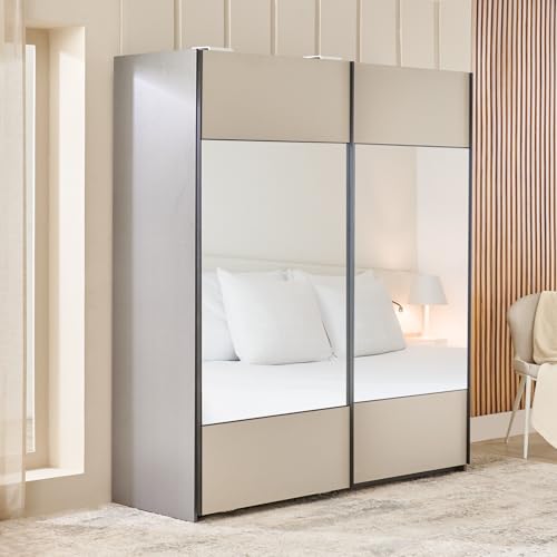 Image of Home Centre | Tiffany 2-Door Sliding Wardrobe with Mirror- Grey | Full Length Mirror for Home | Engineered Wood | Grey | 1 Year Warranty